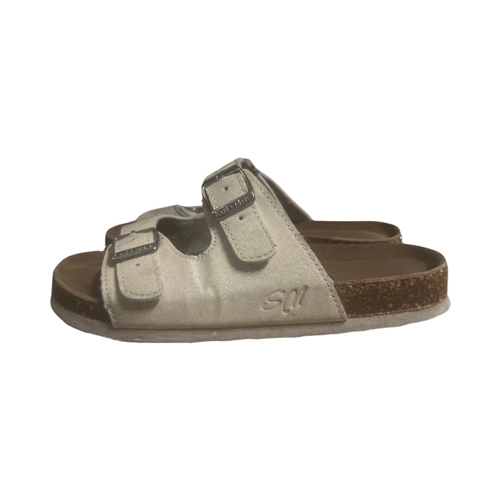 Soft Moc buckled slide sandals- cream glitter